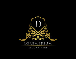 Luxury Boutique Badge With D Letter Logo. Elegant shield design for Boutique, Royalty, Letter Stamp,  Hotel, Heraldic, Jewelry, Wedding.