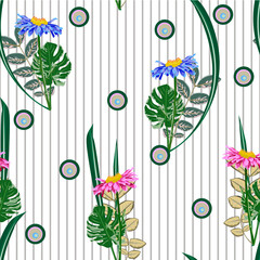 Seamless pattern with cute garden flowers on striped background . Design for cloth, wallpaper, gift wrapping. Print for silk, calico, home textiles.Vintage natural pattern.