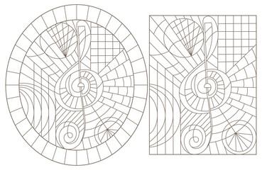 Set of contour illustrations of stained glass Windows with treble keys, oval and rectangular images ,dark contours on a white background