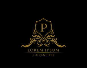 Luxury Boutique Badge With P Letter Logo. Elegant shield design for Boutique, Royalty, Letter Stamp,  Hotel, Heraldic, Jewelry, Wedding.