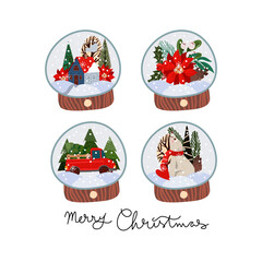Set of glass balls with snow and Christmas decor. Vector cartoon flat illustration.