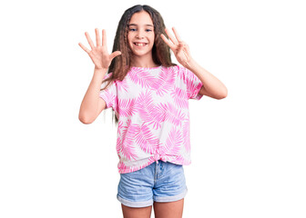 Cute hispanic child girl wearing casual clothes showing and pointing up with fingers number eight while smiling confident and happy.