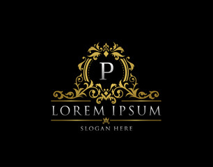 Royal Boutique Badge With P Letter Logo.Classy Elegant Badge design for Boutique, Royalty, Letter Stamp,  Hotel, Heraldic, Jewelry, Wedding.