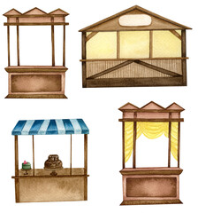 Watercolor illustration of street market place. Christmas market. sale. Set of Wooden houses.