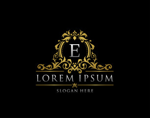 Royal Boutique Badge With E Letter Logo.Classy Elegant Badge design for Boutique, Royalty, Letter Stamp,  Hotel, Heraldic, Jewelry, Wedding.