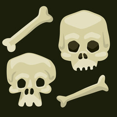 Man skull. Set of bones. The dead man and the Halloween element. Stylized scary head. Flat cartoon illustration