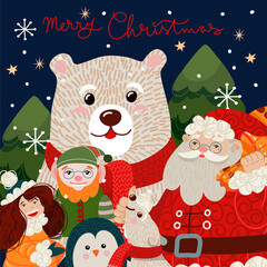 Christmas card with cute polar bear in a red scarf. Vector cartoon flat illustration.