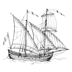 Old caravel, vintage sailboat. Hand drawn sketch. Detail of the old geographical maps of sea