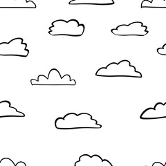 Vector black outline illustration of a group of clouds isolated on a white background. Seamless pattern