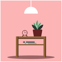 Pink interior. Table, clock, flower, book, lamp, chandelier. Poster, banner, post on instagram. Vector illustration.