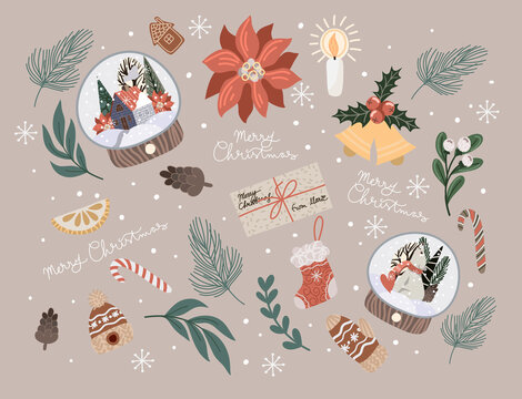 Christmas decor such as fir branch, glass ball, poinsettia, pine cones and more. Vector flat illustration.