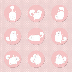 Naklejka na ściany i meble Set of round icons cats yoga . Cute cats doing yoga poses. Vector illustration