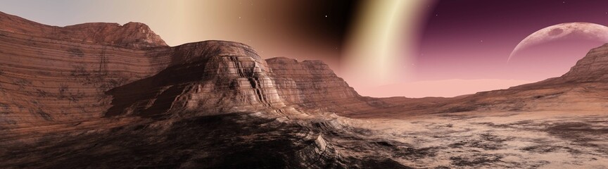 Alien landscape, planet surface at sunset, fantastic landscape, 3d rendering