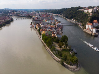 Aerial view of Passau at the confluence of the Inn and Danube