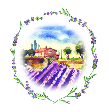 Landscape with lavender field in a round lavender frame, watercolor illustration, print for textiles and decoration of various household products