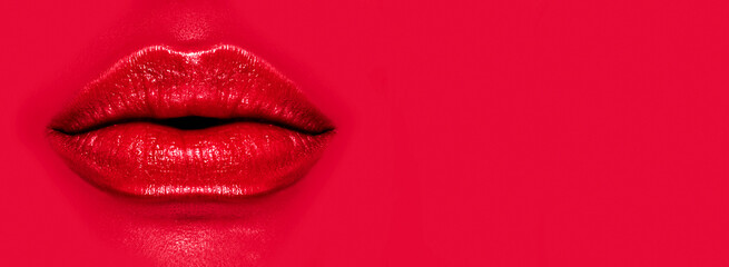 Beautiful young woman's lips closeup, on red background. Plastic surgery, fillers, injection. Part of the model girl face, youth concept. Perfect mouth, make-up. Health care. Art design.  - obrazy, fototapety, plakaty