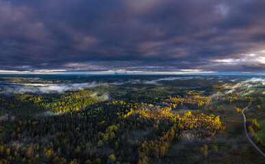 Obraz premium Epic sunrise over the foggy valley in autumn. Morning light lightens colorful forest covered in mist. Impressive storm clouds. 
