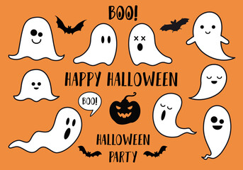Halloween ghosts, pumpkin and bats, vector set