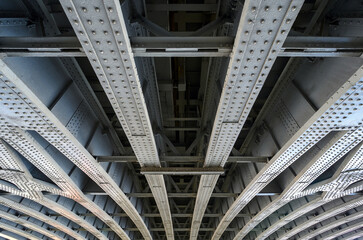 Beneath Blackfriars Railway Bridge in London, UK.  The strong steel beams with rivets underneath...