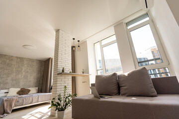 Modern minimalist design of bright living room