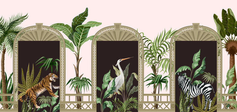 Border with tropical trees, animals and door openings in a garden style. Trendy interior print.