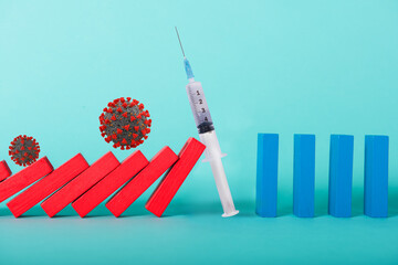Concept of covid19 coronavirus pandemic with falling chain like a domino game. Contagion and...