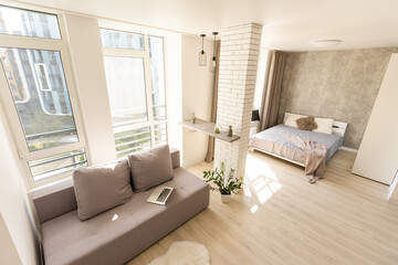 Modern minimalist design of bright living room