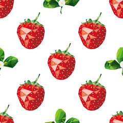 Low Poly strawberries and flowers seamless pattern on white background. Colorful abstract background. Vector illustration.