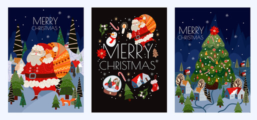 Set of Christmas cards with simple cute illustrations of Santa Claus and holiday decor. Vector.