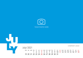 Calendar 2021 New Year 07 month July modern template blue background