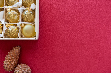 Christmas Decoration In A Box, some different christmas ornaments in a box, on a red color background