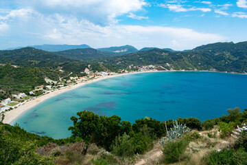 Agios Georgios beach and town on Corfu as seen from Timoni beach halfway viewpoint