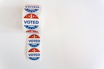 I Voted Today stickers on white background. Top view with copy space. US presidential election...