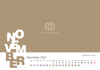 Calendar 2021 New Year 11 month November modern template gold background