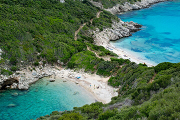 The unique dual beach of Porto Timoni on Corfu island, Greece
