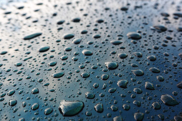 many small water droplets close up on dark blue metal surface side view