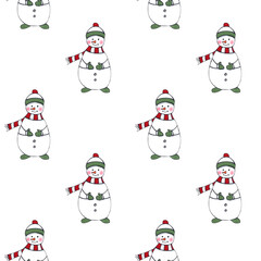 Christmas seamless pattern with snowman on white background. Christmas illustration.