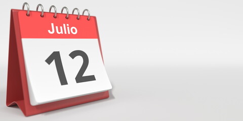 July 12 date written in Spanish on the flip calendar, 3d rendering