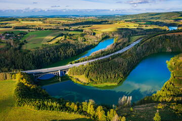 Aerial view of Svihov dam (Zelivka) with D1 highway. Reservoir of drinking water for Prague