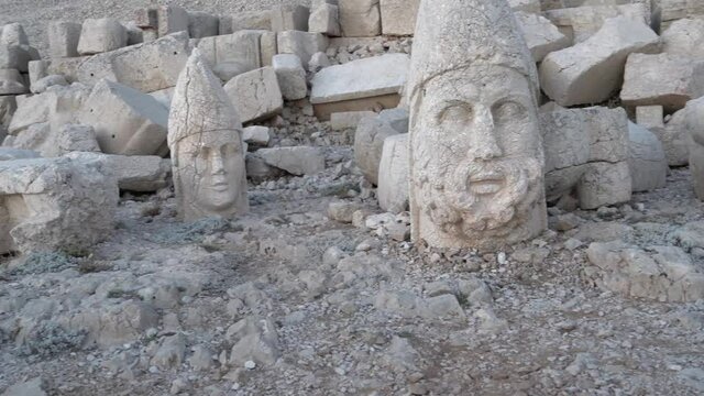 Closeup view of heads of the gods on East terrace at the top of Mount Nemrut (Nemrut dagi in Turkish), Adiyaman, Turkish