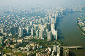 Guangzhou town and Pearl river view from windows of Canton tower