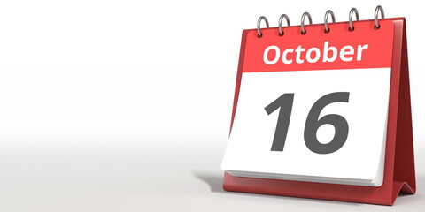 October 16 date on the flip calendar page, 3d rendering