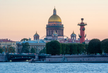 St. Isaac's Cathedral and Rostral column at sunset, Saint Petersburg, Russia