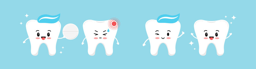 Healthy tooth gives a white pill for a tooth with pain and it is recovering. Flat design cartoon character with dental hurt and pain reliever vector illustration. Teeth cleaning and treatment concept.