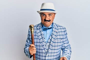 Mature middle east man with mustache wearing vintage and elegant fashion style depressed and worry for distress, crying angry and afraid. sad expression.