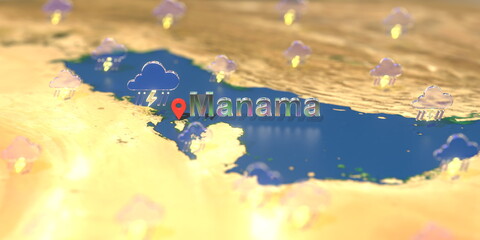 Manama city and stormy weather icon on the map, weather forecast related 3D rendering