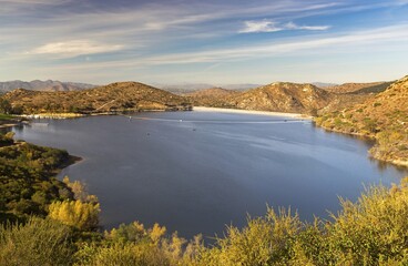 Panoramic Landscape Scenic View of Lake Poway fishing and recreation area in San Diego North County Inland California USA