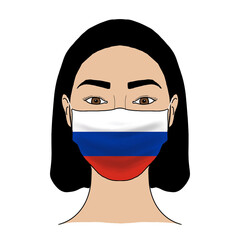 Coronavirus mask crisis. Russia health system. Flag of Russia coronavirus outbreak patterned mask wearing woman.