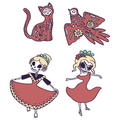 Women, cat and bird on white isolated backdrop. Day of the dead symbol for invitation or gift card, notebook, bath tile, scrapbook Phone case or cloth print Doodle style stock vector illustration