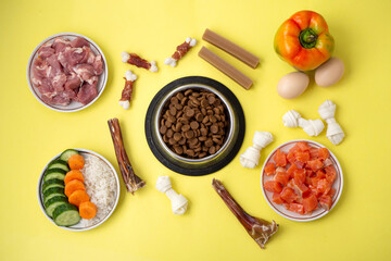 Dry pet dog food in bowl with natural ingredients. Raw meat, fish, vegetables, eggs and salad. concept of correct balanced and healthy nutrition for pet